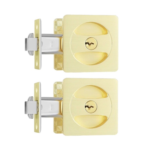 Leydebong Pack of 2 Gold Pocket Door Lock with Keys Square Pocket Door Hardware - Picture 1 of 16